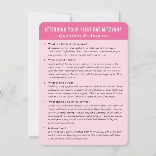 BAT MITZVAH service question answer advice pink
