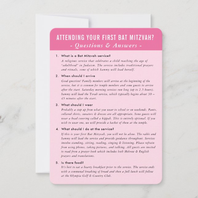 BAT MITZVAH service question answer advice pink Invitation (Front)