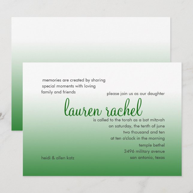 Bat Mitzvah Silver and Green Gradient Invitation (Front/Back)