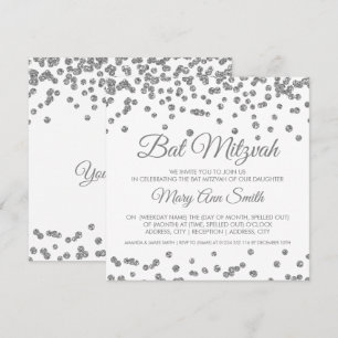 Bat Mitzvah Silver Faux Glitter Confetti White Invitation