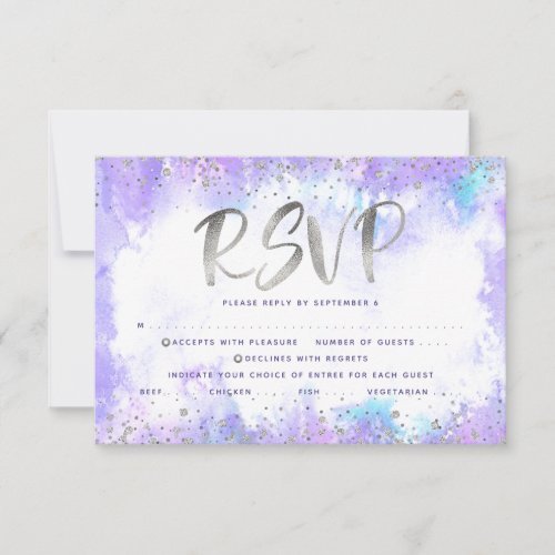 Bat Mitzvah silver foil purple watercolor entre RSVP Card