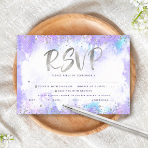 Bat Mitzvah silver foil purple watercolor entrée RSVP Card