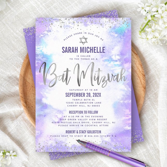 Bat Mitzvah Silver Purple Watercolor Girly 2 Venue Invitation (Creator Uploaded)