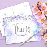 Bat Mitzvah Silver Script Purple Watercolor Thanks Postcard<br><div class="desc">Make sure your favorite Bat Mitzvah shows her appreciation to all who supported her milestone event! Send out this stunning, modern, sparkly silver faux foil handwritten script and tiny dots overlaying a light purple watercolor background, personalized thank you postcard. On the front, personalize with your Bat Mitzvah’s name. Add a...</div>
