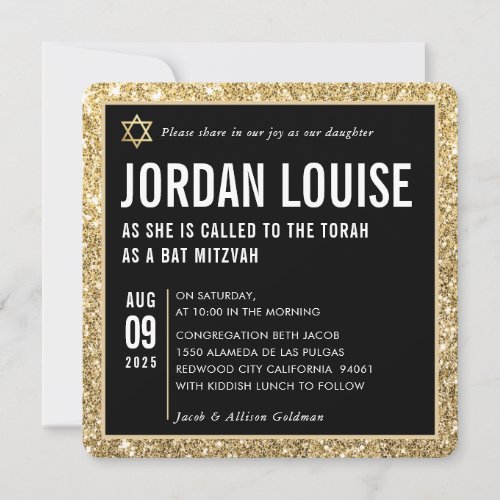 BAT MITZVAH simple modern glam black gold glitter Invitation