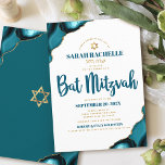 Bat Mitzvah Simple Modern Turquoise Agate Script Invitation<br><div class="desc">Be proud, rejoice and showcase this milestone of your favorite Bat Mitzvah! Send out this cool, unique, modern, personalized, Hebrew name invitation for an event to remember. Dark teal blue script typography and faux gold Star of David overlay simple, clean white background with turquoise blue agate accented with faux gold...</div>