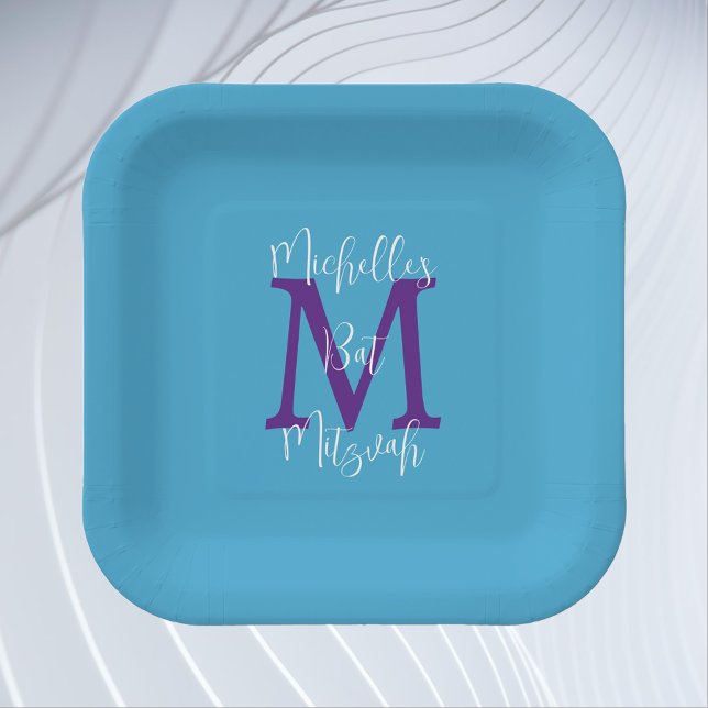 Bat Mitzvah Sky Blue Purple White Name Monogram Paper Plates (Creator Uploaded)