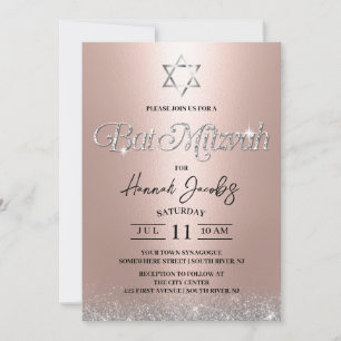 Bat Mitzvah Star of David Modern Rose Gold Jewish Invitation