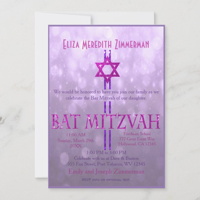 Bat Mitzvah | Star of David | Purple Invitation (Front)