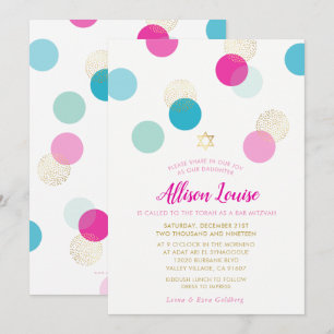 BAT MITZVAH stylish confetti spot gold pink mint Invitation