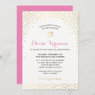 BAT MITZVAH stylish mini confetti spot gold pink Invitation