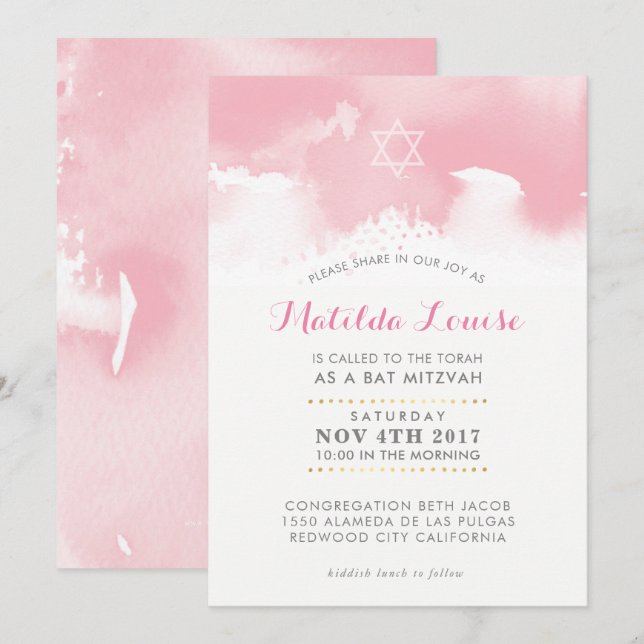 BAT MITZVAH stylish pale pink watercolor invite (Front/Back)