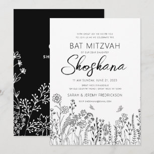 Bat Mitzvah Stylish Script Floral Sketch Invitation