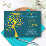 Bat Mitzvah Teal Blue Chic Gold Foil Tree of Life  Invitation<br><div class="desc">Be proud, rejoice and showcase this milestone of your favorite Bat Mitzvah! This graphic faux gold foil tree with sparkly turquoise, teal, purple and blue Star of David and dot “leaves” on a rich, dark teal blue background is the perfect invitation for this special occasion. A tiny, teal blue Star...</div>