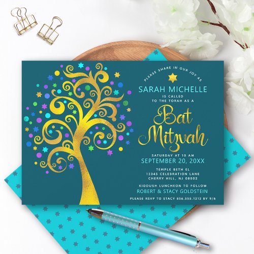 Bat Mitzvah Teal Blue Chic Gold Foil Tree of Life  Invitation