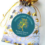 Bat Mitzvah Teal Blue Gold Foil Tree of Life Chic Classic Round Sticker<br><div class="desc">Be proud, rejoice and showcase this milestone of your favorite Bat Mitzvah! Use this fun, sophisticated, personalized sticker to add to her special day. A stunning, graphic faux gold foil tree with sparkly turquoise, teal, purple and blue Star of David and dot “leaves” overlays a rich, dark teal blue background....</div>