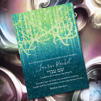 Bat Mitzvah Teal Blue Lime Green Extra Sparkly Invitation by TailoredType at Zazzle