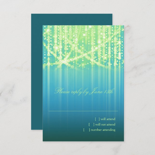 Bat Mitzvah Teal Blue Lime Green Sparkly ights RSVP Card (Front/Back)