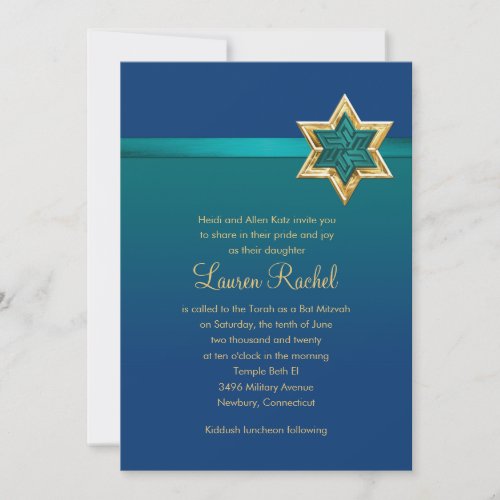 Bat Mitzvah Teal Blue Ombre Ribbon and Star Invitation