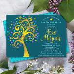 Bat Mitzvah Teal Gold Foil Script Tree of Life Invitation<br><div class="desc">Be proud, rejoice and showcase this milestone of your favorite Bat Mitzvah! This graphic faux gold foil tree with sparkly turquoise, teal, purple and blue Star of David and dot “leaves” on a rich, dark teal blue background is the perfect invitation for this special occasion. A tiny, teal blue Star...</div>