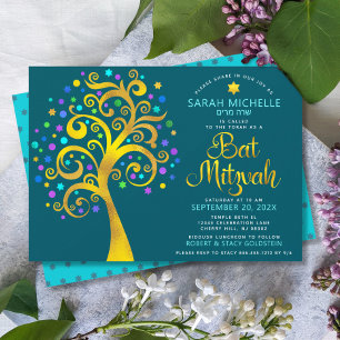 Bat Mitzvah Teal Gold Foil Script Tree of Life Invitation