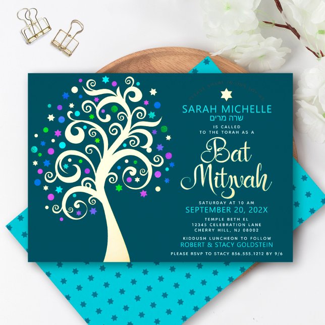 Bat Mitzvah Teal Tree of Life Script Real Gold Foil Invitation (Creator Uploaded)