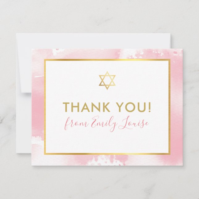 BAT MITZVAH thank you gold star pink watercolor Card (Front)