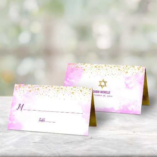Bat Mitzvah Trendy Gold Dots on Pink Watercolor Place Card