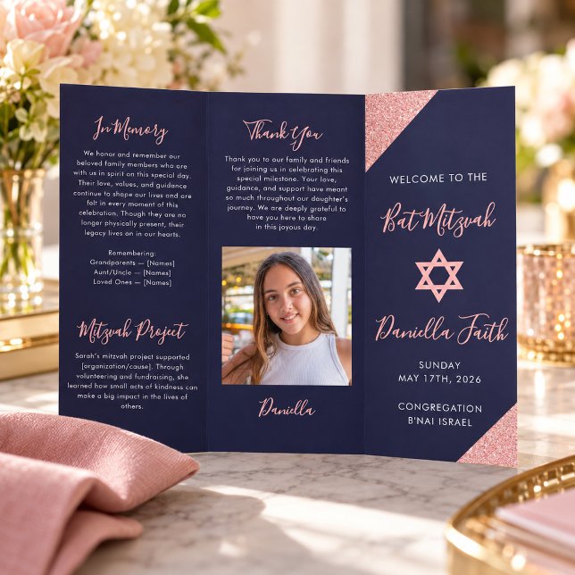 Bat Mitzvah Tri-Fold Program Navy Rose Gold  Flyer (Creator Uploaded)