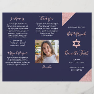 Bat Mitzvah Tri-Fold Program Navy Rose Gold  Flyer