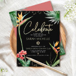 Bat Mitzvah Tropical Black Gold Floral Watercolor Enclosure Card<br><div class="desc">Be proud, rejoice and showcase this milestone of your favorite Bat Mitzvah! Include this modern, sophisticated, personalized insert for additional information to your event. Stylish, stunning, colorful, tropical watercolor birds of paradise flowers, faux gold handwritten script, Star of David and glitter dots, along with modern sans serif type, overlay a...</div>