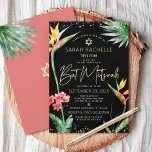 Bat Mitzvah Tropical Black Gold Floral Watercolor Invitation<br><div class="desc">Be proud, rejoice and showcase this milestone of your favorite Bat Mitzvah with this sophisticated, personalized invitation! Stylish, stunning, colorful, tropical watercolor birds of paradise flowers, faux gold handwritten script, Star of David and glitter dots, along with modern sans serif type, overlay a dramatic, black background. Additional watercolor palm leaves...</div>