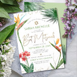 Bat Mitzvah Tropical Floral Watercolor Gold Script Invitation<br><div class="desc">Be proud, rejoice and showcase this milestone of your favorite Bat Mitzvah with this sophisticated, personalized invitation! Stylish, stunning, colorful, tropical watercolor birds of paradise flowers, faux gold handwritten script, Star of David and glitter dots, along with green and gray modern sans serif type, overlay a white background. Additional watercolor...</div>