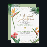 Bat Mitzvah Tropical Gold Script Floral Watercolor Enclosure Card<br><div class="desc">Be proud, rejoice and showcase this milestone of your favorite Bat Mitzvah! Include this modern, sparkly, personalized insert for additional information to your event. Stylish, stunning, colorful, tropical watercolor birds of paradise flowers, faux gold handwritten script, Star of David and glitter dots, along with green and gray modern sans serif...</div>