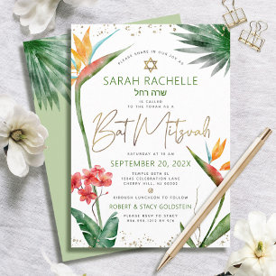 Bat Mitzvah Tropical Gold Script Floral Watercolor Invitation