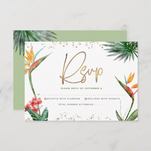 Bat Mitzvah Tropical Gold Script Floral Watercolor RSVP Card