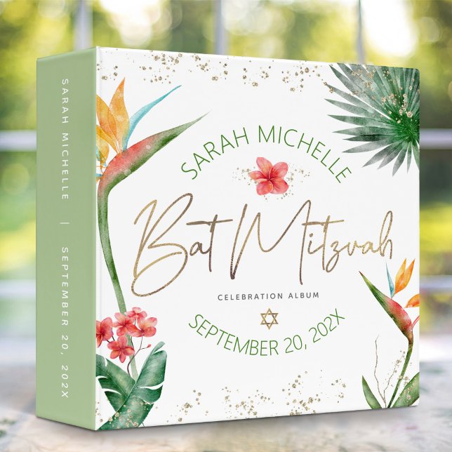 Bat Mitzvah Tropical Palm Green Gold Script Chic 3 Ring Binder (Creator Uploaded)