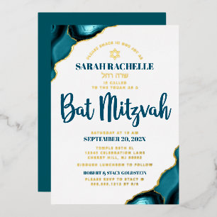 Bat Mitzvah Turquoise Agate Bold Script Real Gold Foil Invitation