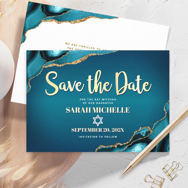 Bat Mitzvah Turquoise Agate Ombre Gold Script Chic Save The Date (Creator Uploaded)