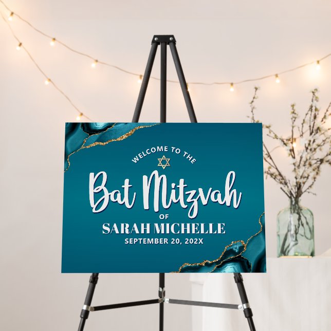 Bat Mitzvah Turquoise Agate Ombre Script Welcome Foam Board (In Situ (Stand))