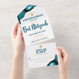Bat Mitzvah Turquoise Agate Script Bold Modern All In One Invitation