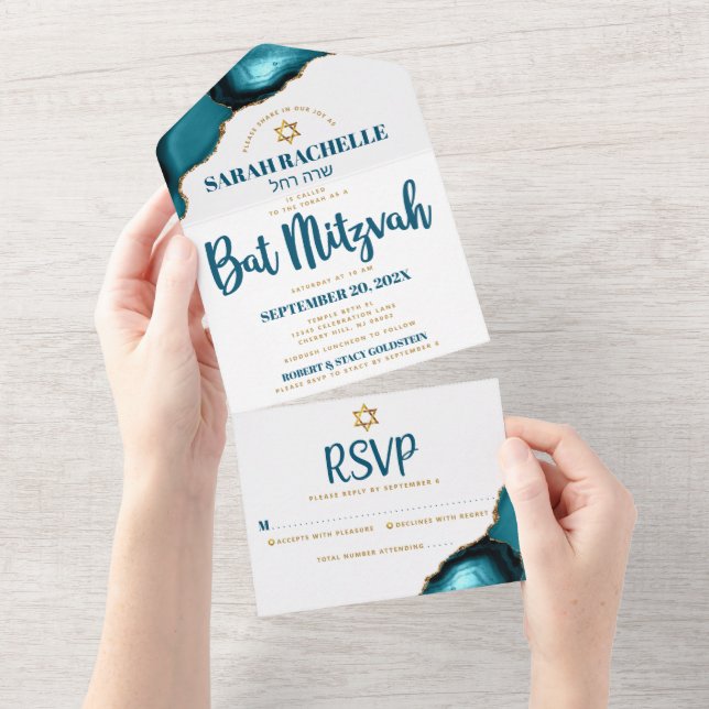 Bat Mitzvah Turquoise Agate Script Bold Modern All In One Invitation (Tearaway)