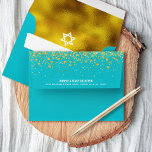 Bat Mitzvah Turquoise and Gold Foil Return Address Envelope<br><div class="desc">Open up this light turquoise envelope and you’ll find a surprise, graphic visual of a white Star of David against a background of sparkly gold faux foil. The custom, pre-addressed, return address side is also sprinkled with gold faux glitter dots. Celebrate this milestone of your favorite Bat Mitzvah whenever you...</div>