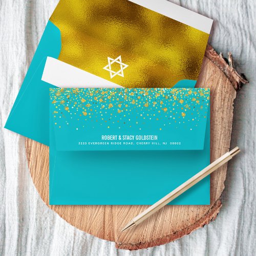 Bat Mitzvah Turquoise and Gold Foil Return Address Envelope