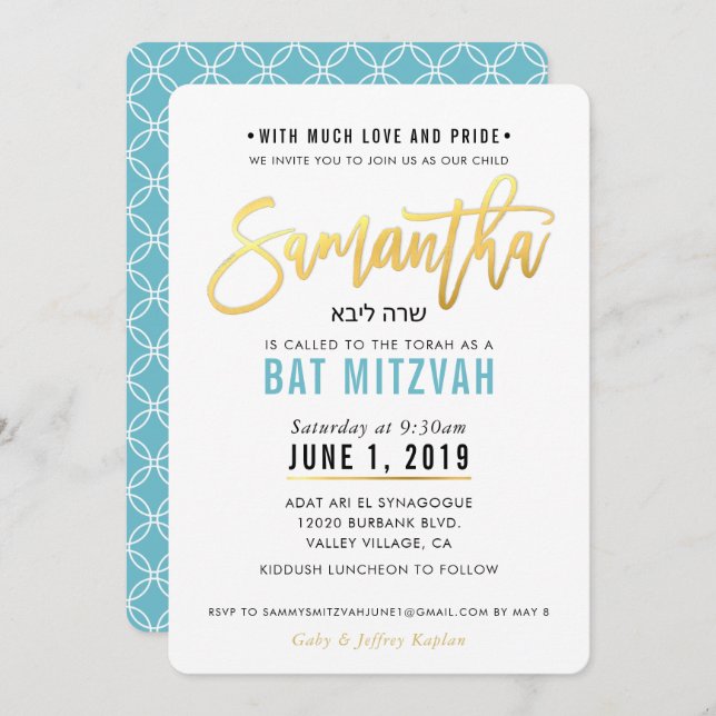 BAT MITZVAH turquoise blue gold script SAMANTHA Invitation (Front/Back)