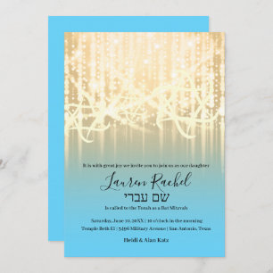 Bat Mitzvah Turquoise Blue Gold Sparkly Lights Invitation