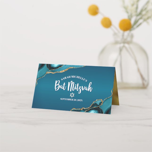 Bat Mitzvah Turquoise Blue Ombre Gold Agate Modern Place Card (Back)
