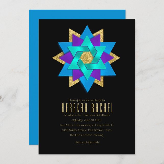 Bat Mitzvah Turquoise Blue Purple Aqua Star Flower Invitation (Front/Back)