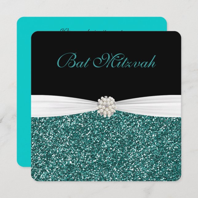 Bat Mitzvah, Turquoise Glitter, Invitations (Front/Back)