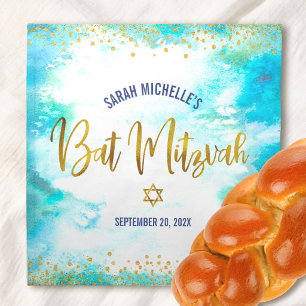 Bat Mitzvah Turquoise Gold Script Challah Cover Cloth Napkin